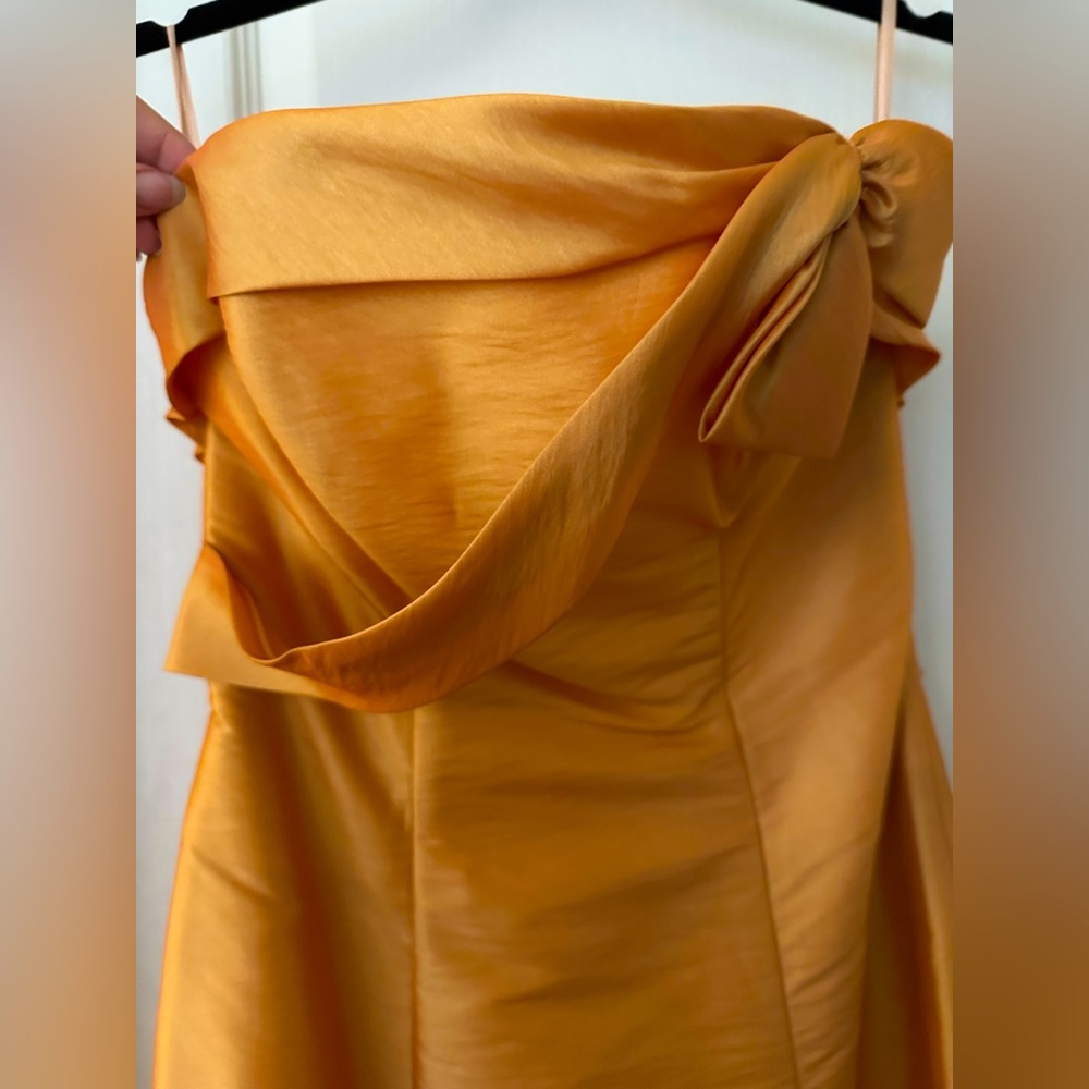 Used Burnt Orange Chrome Gown. Has stains that would need to be dry cleaned.